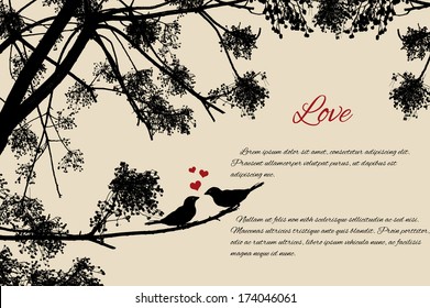 Cute birds couple loving each other on branch in retro style background, vector illustration