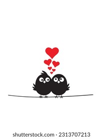 Cute birds couple on wire with hearts illustration, vector. Funny cartoon art design isolated on white background. 