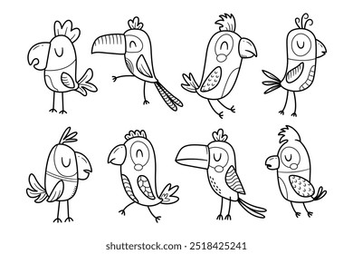 Pássaros bonitos rabiscar mão desenhado animais personagens para cartão de impressão, decoração de jardim. Desenho da natureza de aves, ilustração do vetor animal da fauna