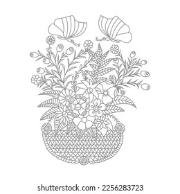 Cute Birds and Easy relaxing potted Rose Flowers Doodle Coloring Page for Adults and kids