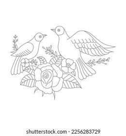 Cute Birds and Easy relaxing potted Rose Flowers Doodle Coloring Page for Adults and kids