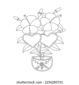 Cute Birds and Easy relaxing potted Rose Flowers Doodle Coloring Page for Adults and kids