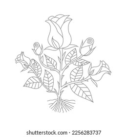 Cute Birds and Easy relaxing potted Rose Flowers Doodle Coloring Page for Adults and kids