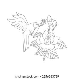 Cute Birds and Easy relaxing potted Rose Flowers Doodle Coloring Page for Adults and kids