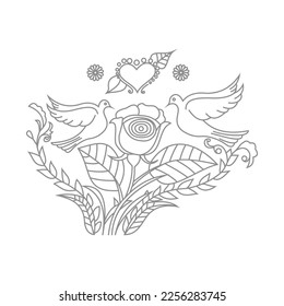 Cute Birds and Easy relaxing potted Rose Flowers Doodle Coloring Page for Adults and kids