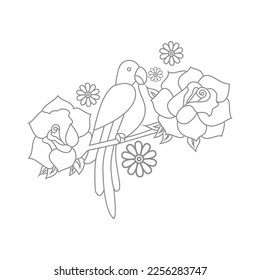 Cute Birds and Easy relaxing potted Rose Flowers Doodle Coloring Page for Adults and kids