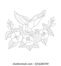 Cute Birds and Easy relaxing potted Rose Flowers Doodle Coloring Page for Adults and kids