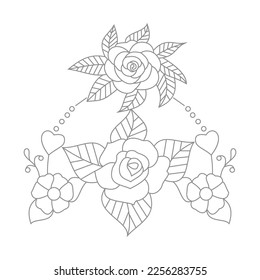 Cute Birds and Easy relaxing potted Rose Flowers Doodle Coloring Page for Adults and kids