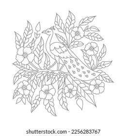 Cute Birds and Easy relaxing potted Rose Flowers Doodle Coloring Page for Adults and kids