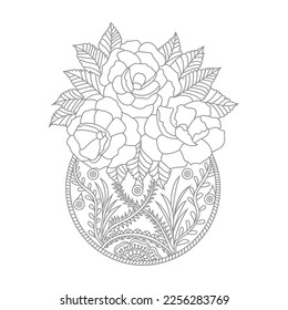 Cute Birds and Easy relaxing potted Rose Flowers Doodle Coloring Page for Adults and kids