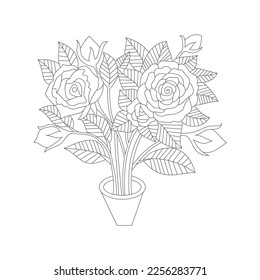 Cute Birds and Easy relaxing potted Rose Flowers Doodle Coloring Page for Adults and kids