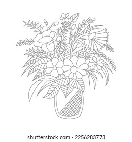 Cute Birds and Easy relaxing potted Rose Flowers Doodle Coloring Page for Adults and kids