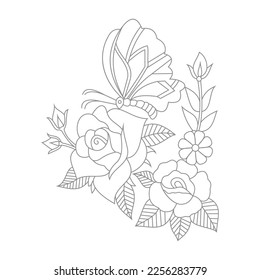 Cute Birds and Easy relaxing potted Rose Flowers Doodle Coloring Page for Adults and kids