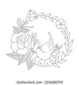 Cute Birds and Easy relaxing potted Rose Flowers Doodle Coloring Page for Adults and kids