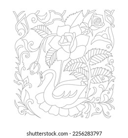 Cute Birds and Easy relaxing potted Rose Flowers Doodle Coloring Page for Adults and kids