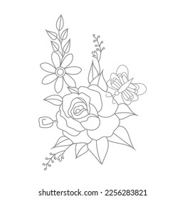 Cute Birds and Easy relaxing potted Rose Flowers Doodle Coloring Page for Adults and kids