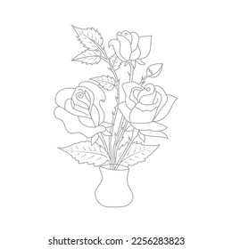 Cute Birds and Easy relaxing potted Rose Flowers Doodle Coloring Page for Adults and kids