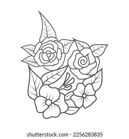 Cute Birds and Easy relaxing potted Rose Flowers Doodle Coloring Page for Adults and kids