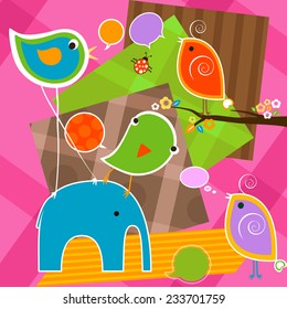 cute birds and elephant with bubbles speech