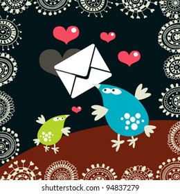 Cute birds with the envelopes. Vector illustration with doodle decor.