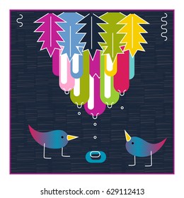 Cute birds exotic fruit water drops. Baby shower invitation card design. Layout template poster, card, invitation, brochure, flyer