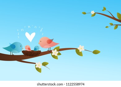 Cute birds family and a baby bird in a nest sitting on a floral branch  on sky background Vector illustration