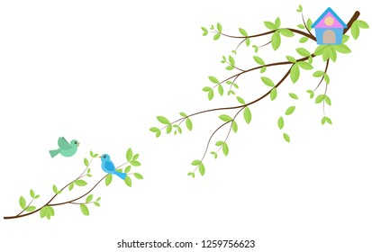 cute birds family on tree and flying with birdsnest on tree