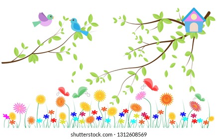 Cute birds family on tree and flying with birdsnest, flowers and butterfly in the garden 