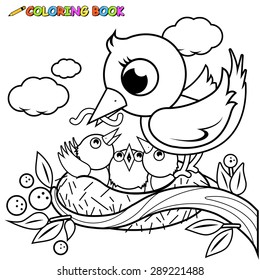 Cute birds feeding in the nest. Vector black and white coloring page. 