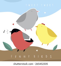 cute birds in a flat design: pigeon, chicken, bullfinch