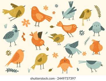 Pájaros lindos con Elementos florales. Dibujos animados coloridos personajes de verano de primavera, felices animales voladores de colores con flores. Vector aislado conjunto de adorable ilustración de decoración de pájaro