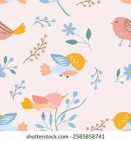 Cute Birds and Floral Seamless Pattern