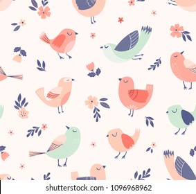 Cute birds floral vector pattern. Spring, summer seamless background with birds, flowers and leaves.