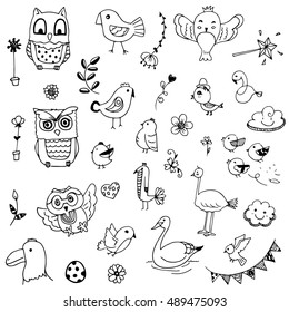 cute birds and flower doodle drawing vector set