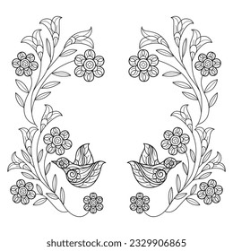 Cute birds and flower frame hand drawn for adult coloring book