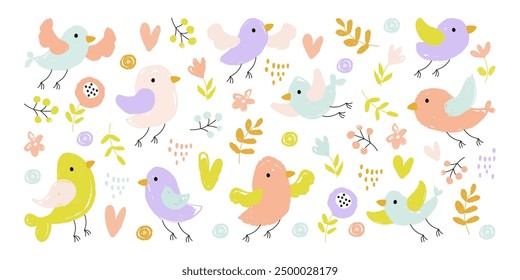 Cute birds and flowers colorful scribble sketch pencil hand drawn set in brush style vector illustration. Doodle adorable birdie singing songs and chirping. Baby shower decorative design elements