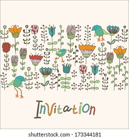 Cute birds and flowers. Hand drawn greeting card, invitation