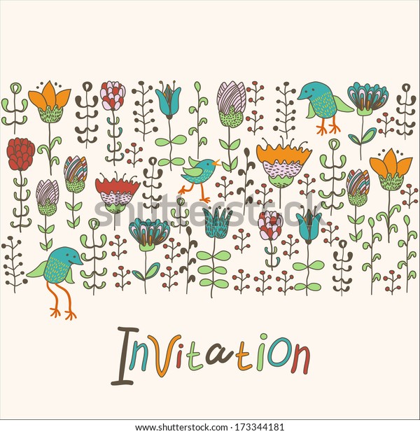 Cute Birds Flowers Hand Drawn Greeting Stock Vector (Royalty Free ...