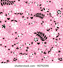 cute birds and flowers pink seamless pattern