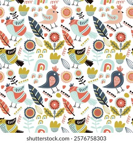 Cute Birds and Flowers Seamless Pattern