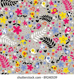 cute birds and flowers seamless pattern