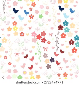 Lindos pájaros y flores. Patrón de diseño de resorte sin fisuras