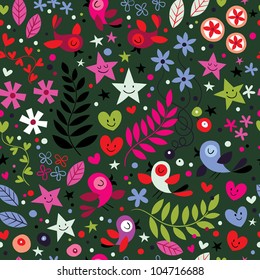 cute birds, flowers, stars and hearts pattern