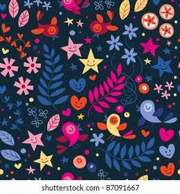 cute birds, flowers, stars and hearts pattern