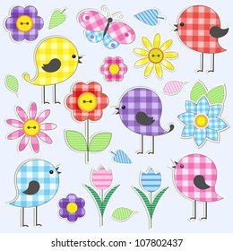  Cute birds and flowers. Vector set of textile stickers