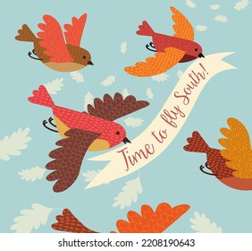 Cute birds flying south for the winter.
Vector Illustration for autumn and winter travel, snow birds, and seasonal change.