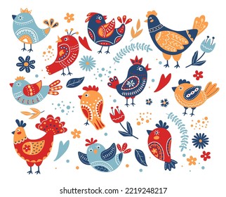 Cute birds with folk ornaments. Ethnic animals with ornamental patterns and flowers, colourful abstract bird and chicken vector Illustration set of animal bird folk scandinavian