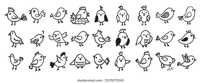 cute birds forest animal characters doodle hand drawn icon set. Outline drawing birds line clipart symbol collection. Vector illustration