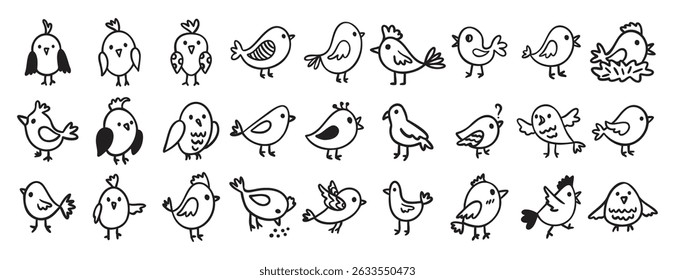 bonitos pássaros floresta animais personagens rabiscar mão desenhado ícone set. Coleção de símbolos de clipart de linha de desenho de contorno de pássaros. Ilustração vetorial