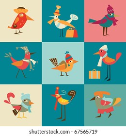 cute birds in hats with bags